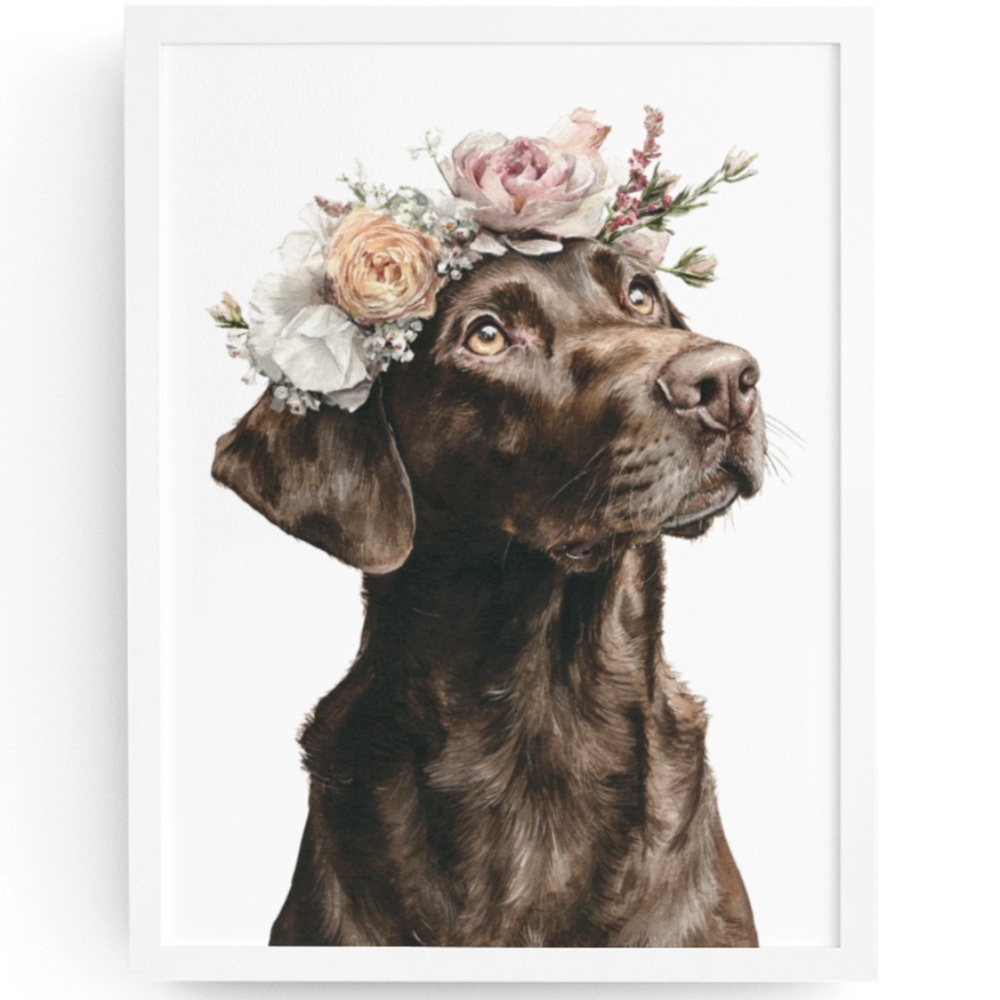 Watercolor Labrador Retriever with Flower Crown Portrait Wall Art Print Unframed